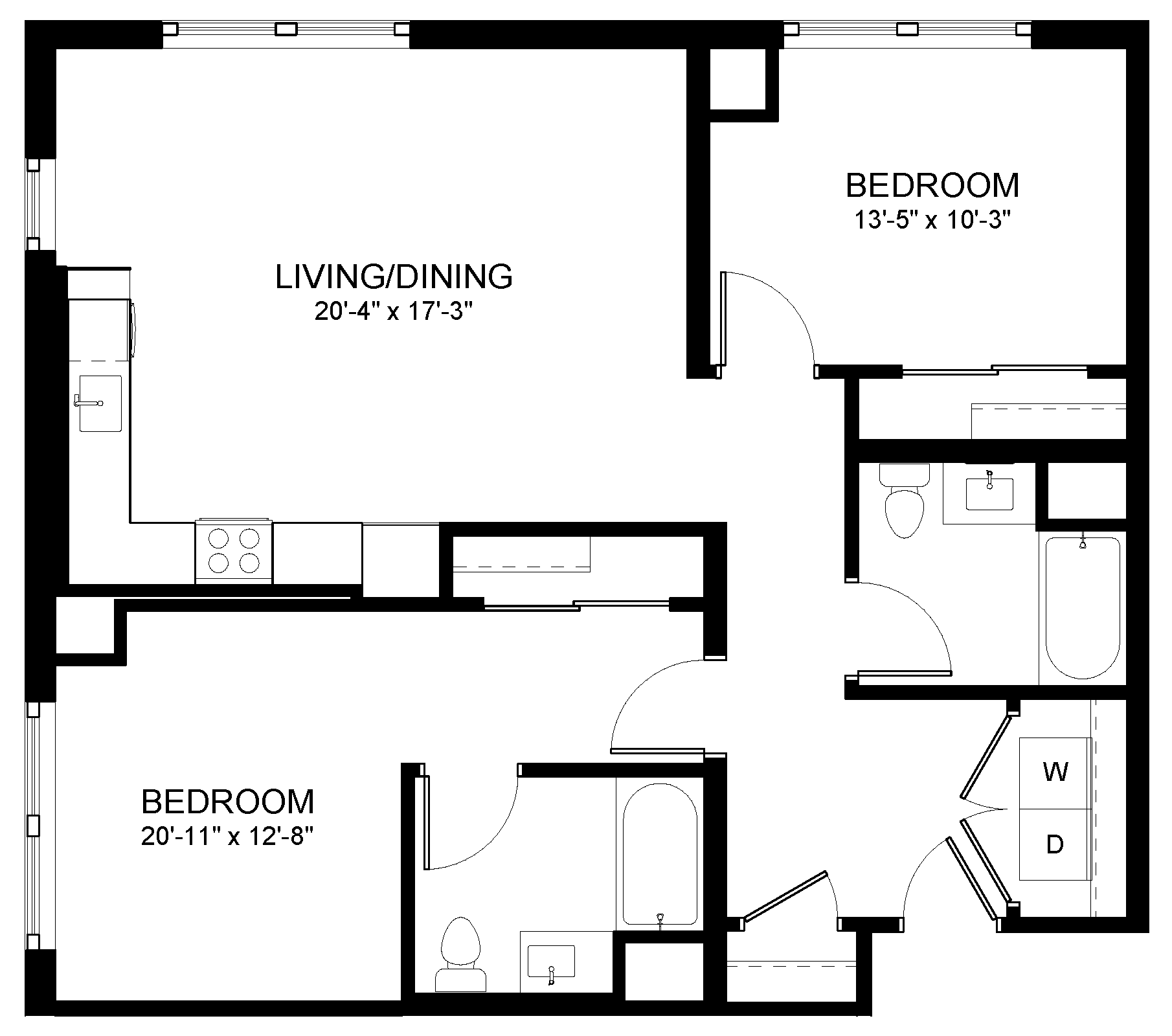 Floor plan for 2 beds, 2 baths, 1036 sqft